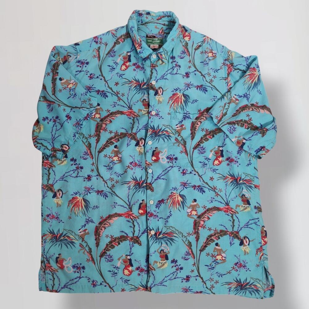 Vintage 90s Reyn Spooner Hawaiian Shirt L Hula Girl Tropical Rayon Aloha Blue